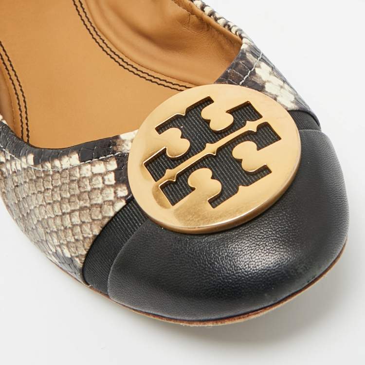 Pre Owned Tory Burch Beige/Brown Python Embossed Minnie Ballet Flats Size 37.5