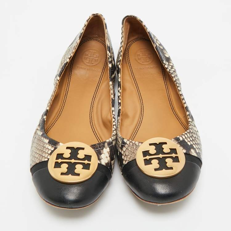 Pre Owned Tory Burch Beige/Brown Python Embossed Minnie Ballet Flats Size 37.5