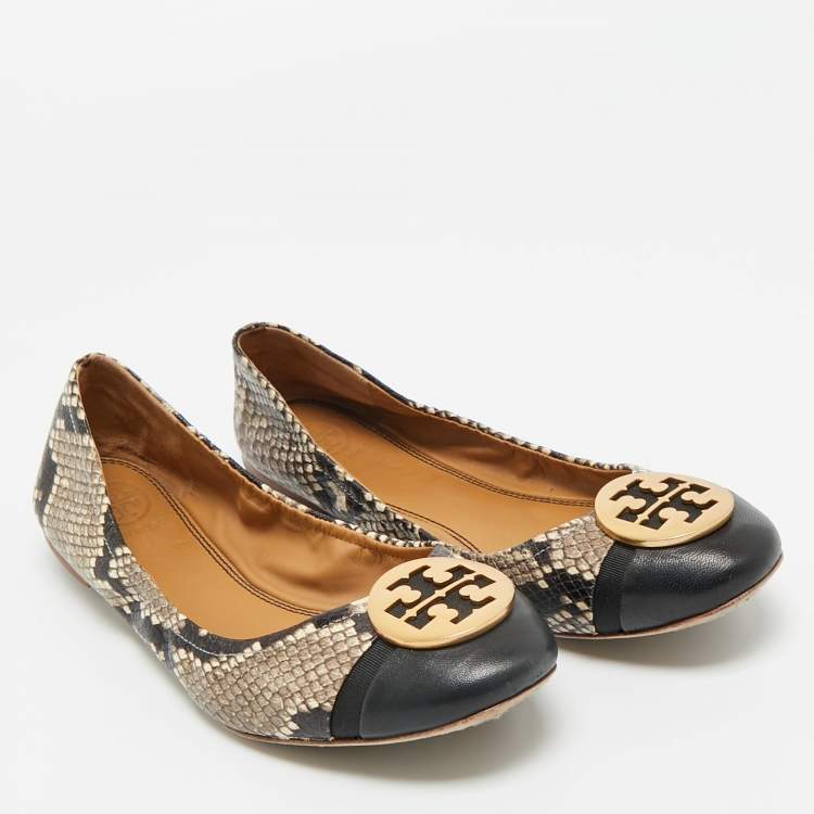 Pre Owned Tory Burch Beige/Brown Python Embossed Minnie Ballet Flats Size 37.5