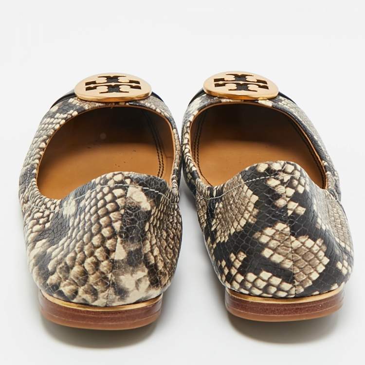 Pre Owned Tory Burch Beige/Brown Python Embossed Minnie Ballet Flats Size 37.5