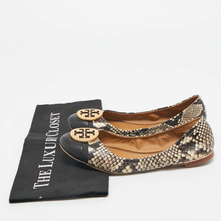 Pre Owned Tory Burch Beige/Brown Python Embossed Minnie Ballet Flats Size 37.5