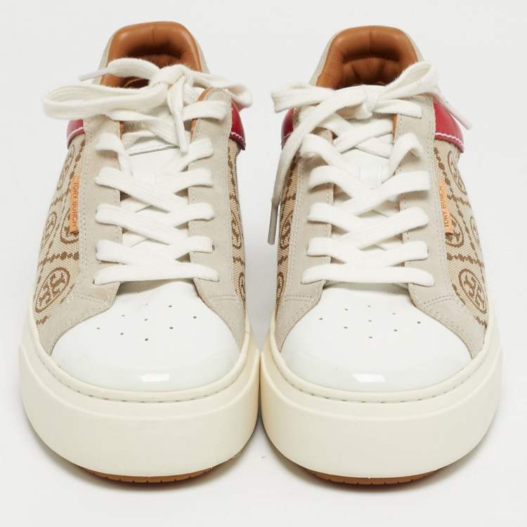 Pre Owned Tory Burch Multicolor Monogram Canvas and Leather Ladybug Sneakers Size 40.5