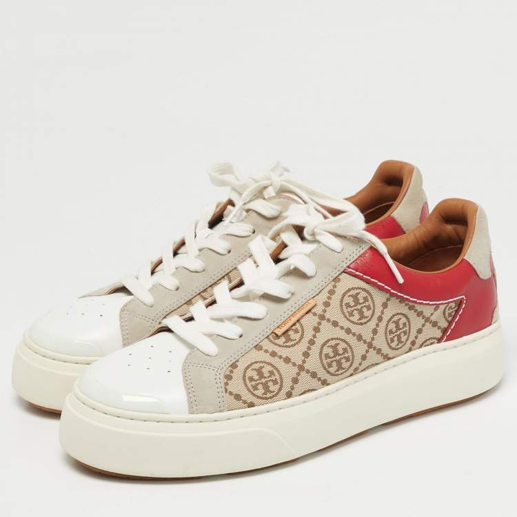 Pre Owned Tory Burch Multicolor Monogram Canvas and Leather Ladybug Sneakers Size 40.5