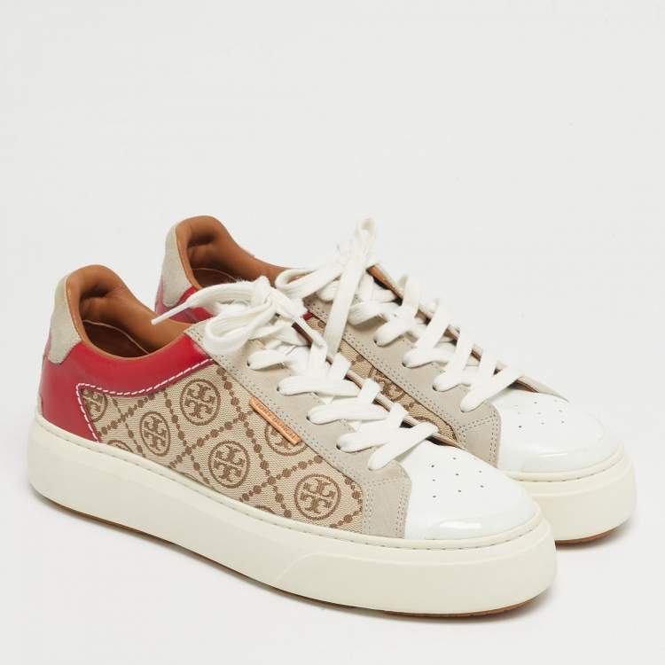 Pre Owned Tory Burch Multicolor Monogram Canvas and Leather Ladybug Sneakers Size 40.5
