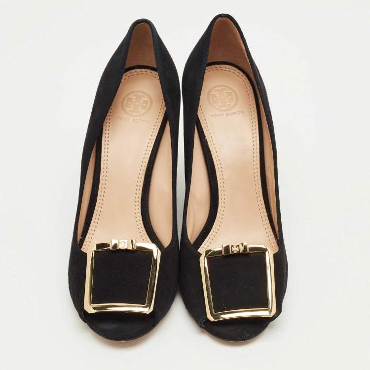 Pre Owned Tory Burch Black Suede Peep Toe Wedge Pumps Size 40