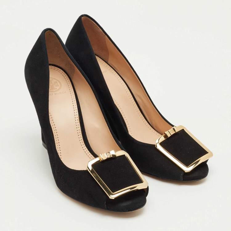 Pre Owned Tory Burch Black Suede Peep Toe Wedge Pumps Size 40