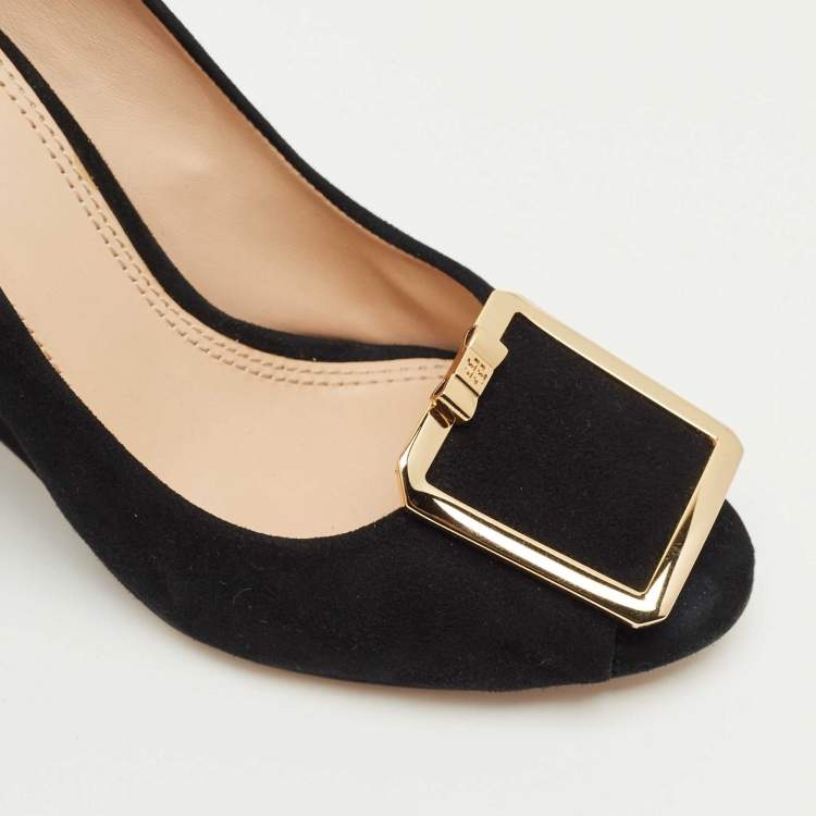 Pre Owned Tory Burch Black Suede Peep Toe Wedge Pumps Size 40
