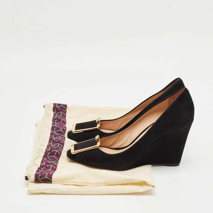 Pre Owned Tory Burch Black Suede Peep Toe Wedge Pumps Size 40