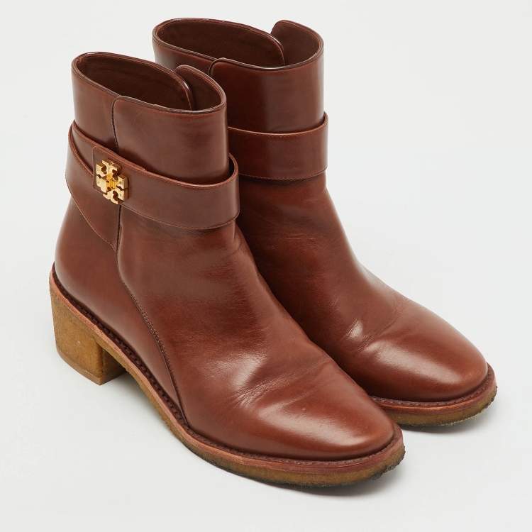 Pre Owned Tory Burch Brown Leather Kira Ankle Length Boots Size 38