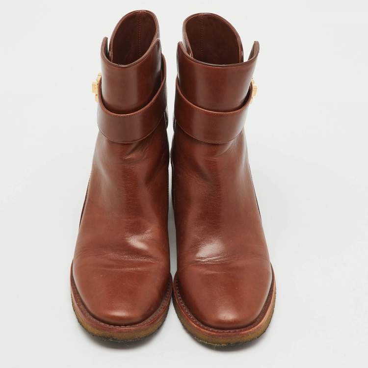 Pre Owned Tory Burch Brown Leather Kira Ankle Length Boots Size 38