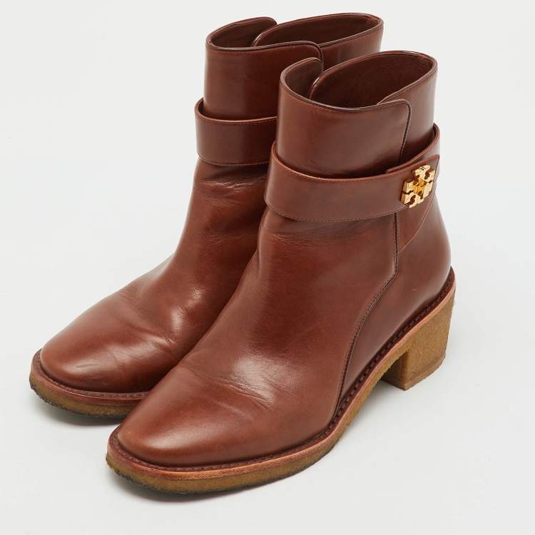 Pre Owned Tory Burch Brown Leather Kira Ankle Length Boots Size 38