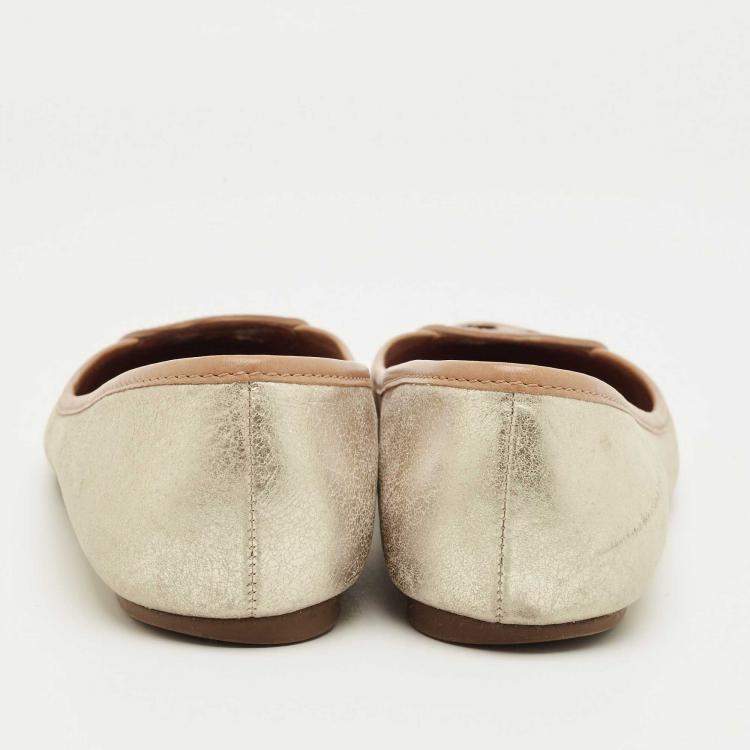 Pre Owned Tory Burch Silver/Brown Leather Louisa Ballet Flats Size 36