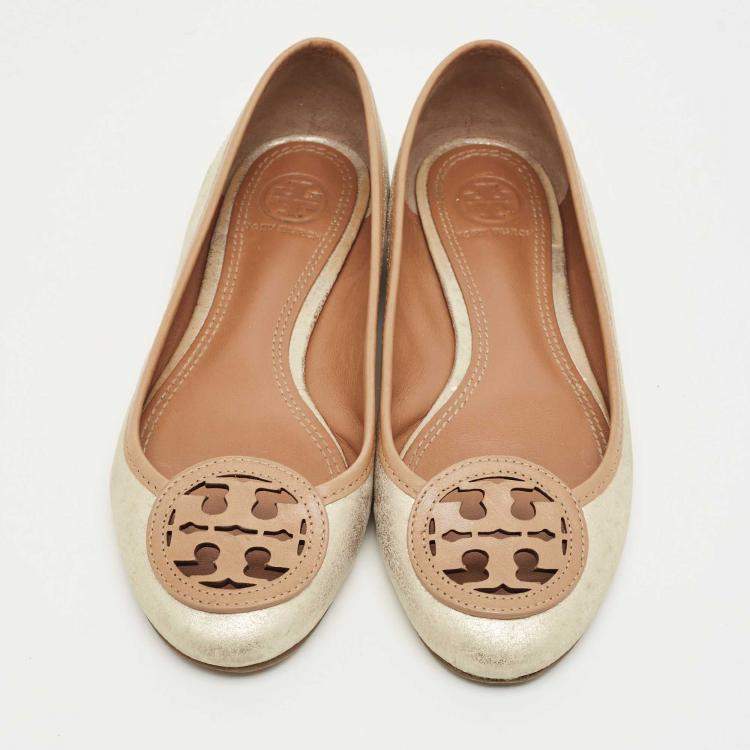 Pre Owned Tory Burch Silver/Brown Leather Louisa Ballet Flats Size 36