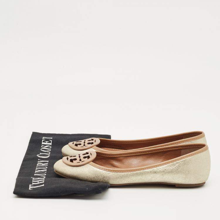 Pre Owned Tory Burch Silver/Brown Leather Louisa Ballet Flats Size 36