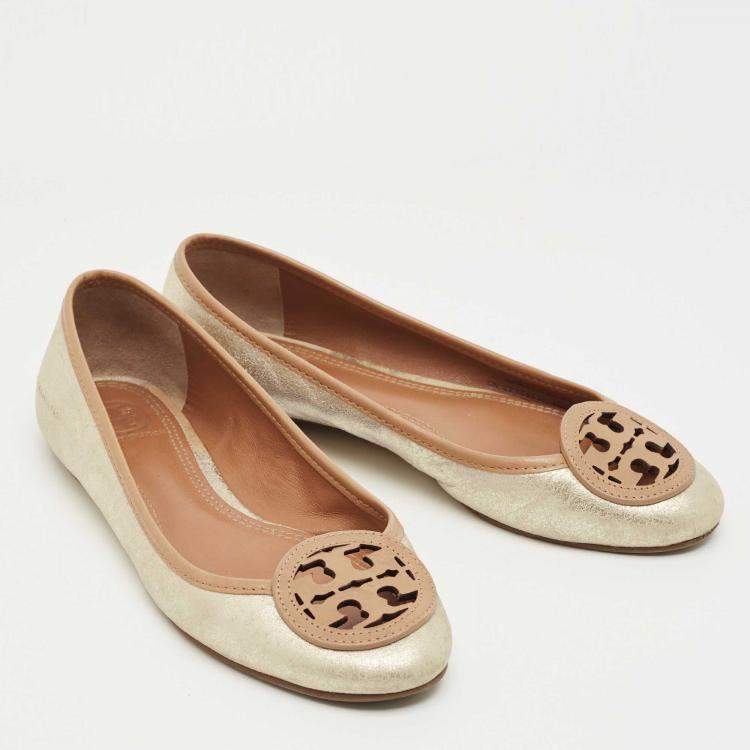 Pre Owned Tory Burch Silver/Brown Leather Louisa Ballet Flats Size 36
