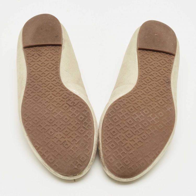 Pre Owned Tory Burch Silver/Brown Leather Louisa Ballet Flats Size 36