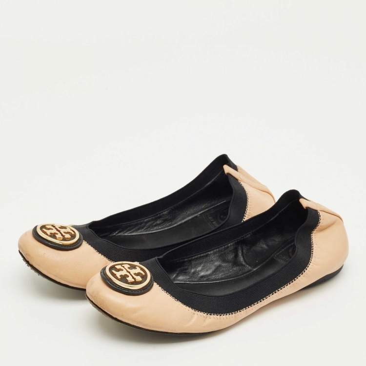 Pre Owned Tory Burch Beige/Black Leather Scrunch Minnie Ballet Flats Size 37