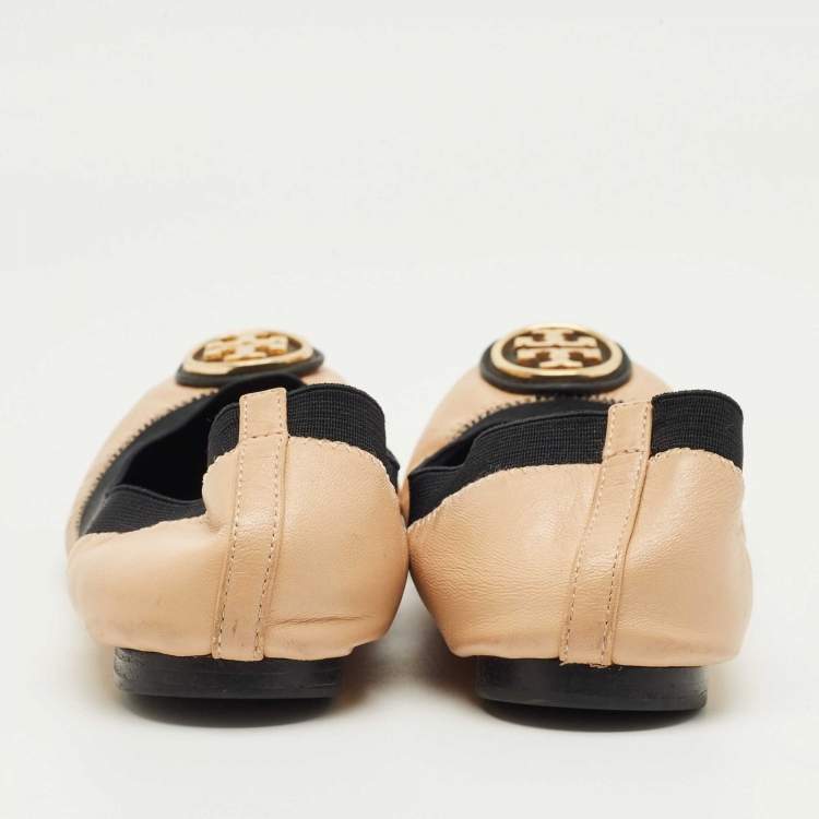 Pre Owned Tory Burch Beige/Black Leather Scrunch Minnie Ballet Flats Size 37