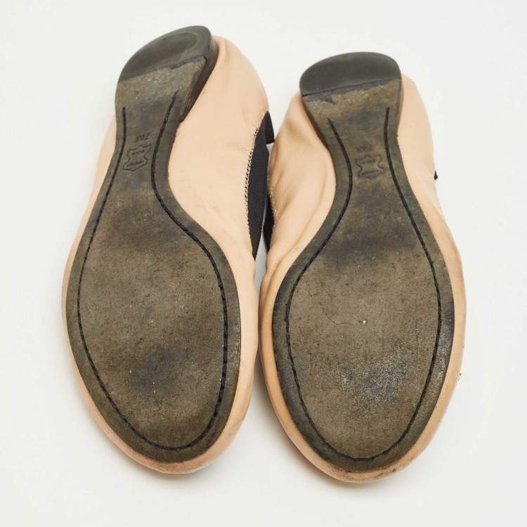 Pre Owned Tory Burch Beige/Black Leather Scrunch Minnie Ballet Flats Size 37