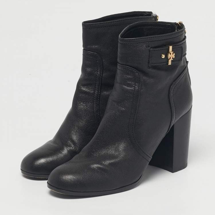 Pre Owned Tory Burch Black Leather Ankle Length Boots Size 37.5