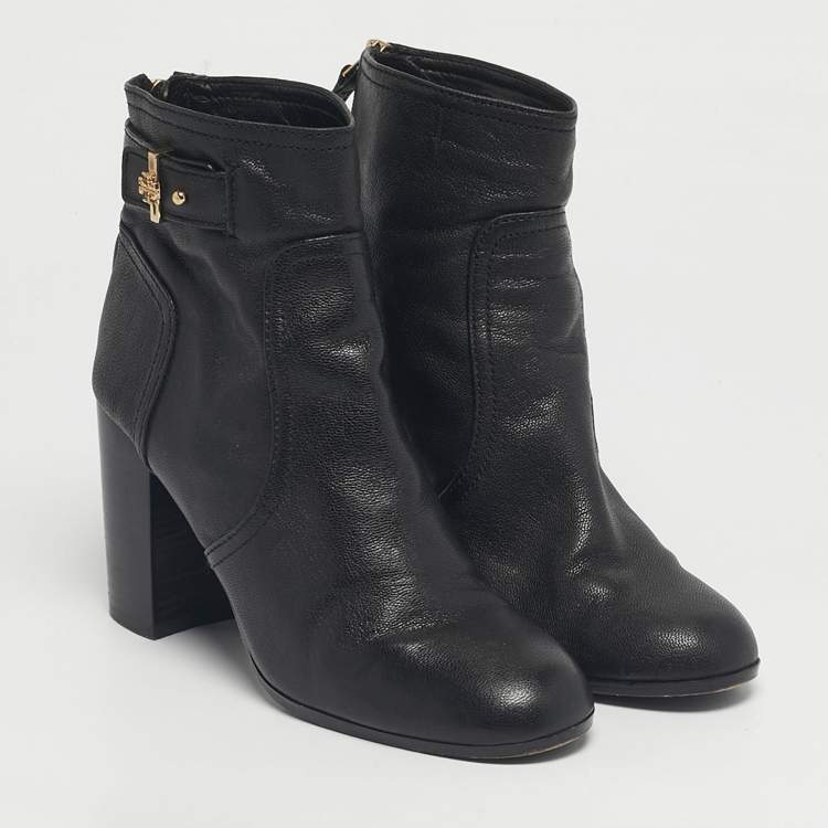 Pre Owned Tory Burch Black Leather Ankle Length Boots Size 37.5