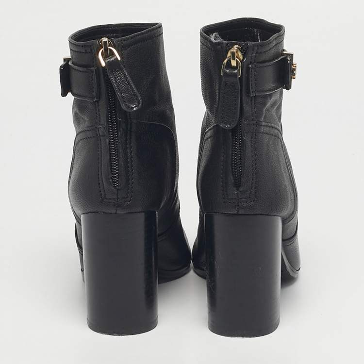 Pre Owned Tory Burch Black Leather Ankle Length Boots Size 37.5