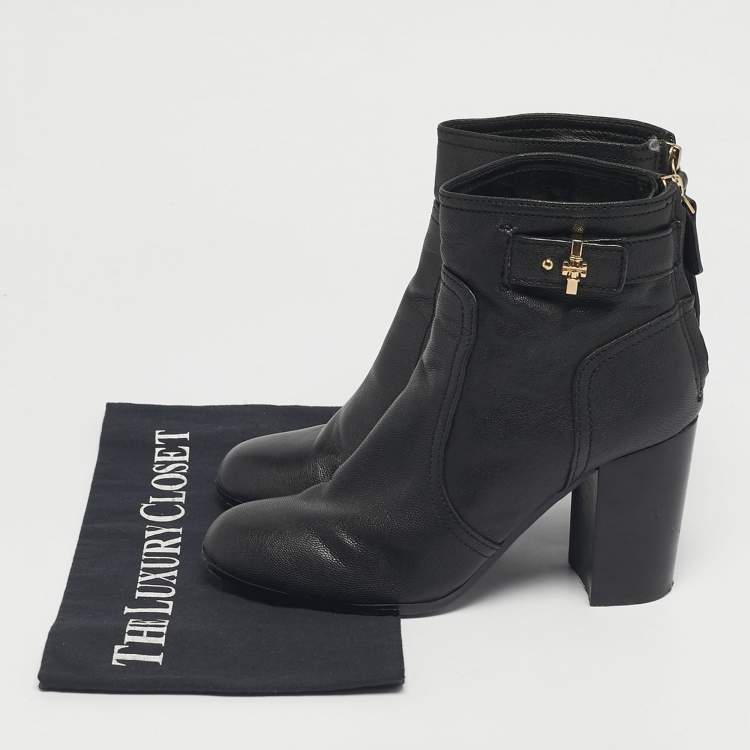 Pre Owned Tory Burch Black Leather Ankle Length Boots Size 37.5