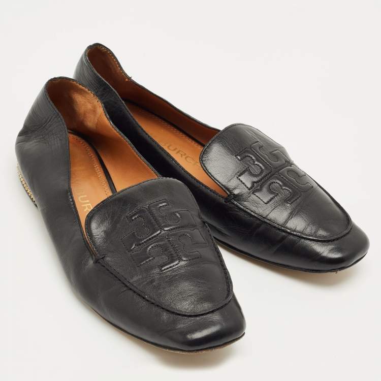 Pre Owned Tory Burch Black Leather Smoking Slippers Size 39.5