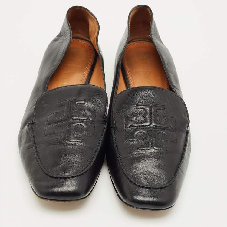 Pre Owned Tory Burch Black Leather Smoking Slippers Size 39.5