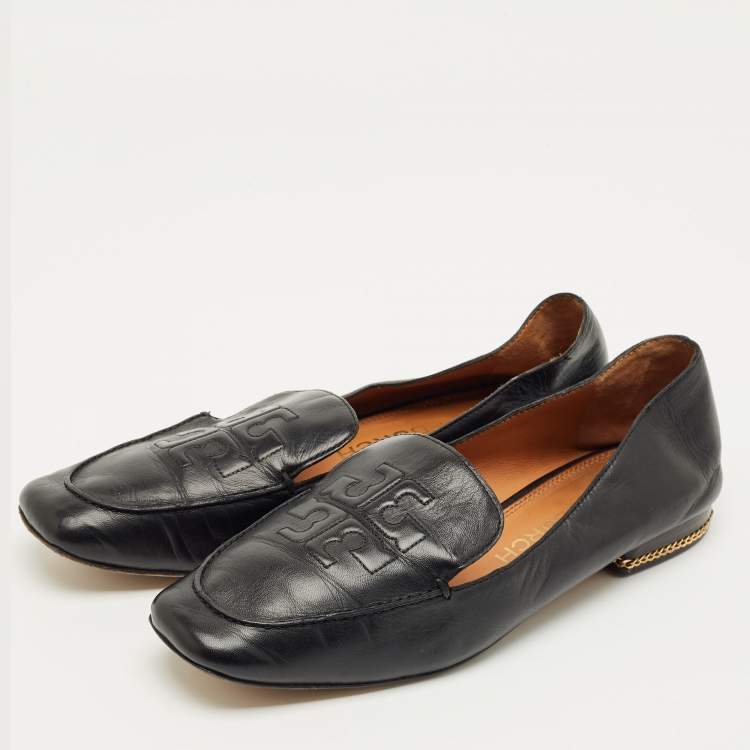 Pre Owned Tory Burch Black Leather Smoking Slippers Size 39.5