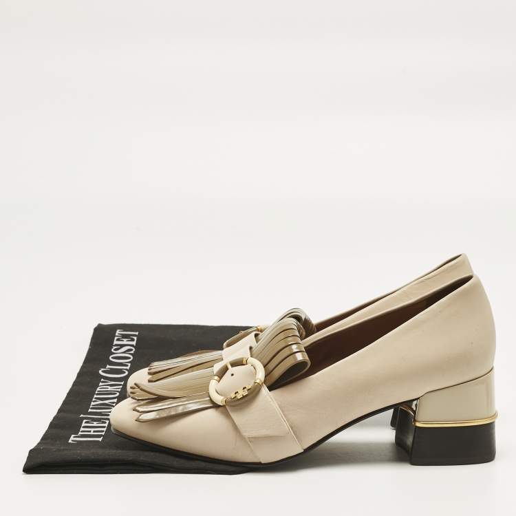Pre Owned Tory Burch Cream Leather Kiltie Loafer Pumps Size 37