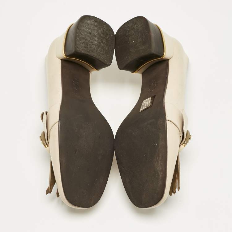 Pre Owned Tory Burch Cream Leather Kiltie Loafer Pumps Size 37