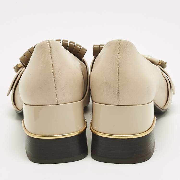 Pre Owned Tory Burch Cream Leather Kiltie Loafer Pumps Size 37