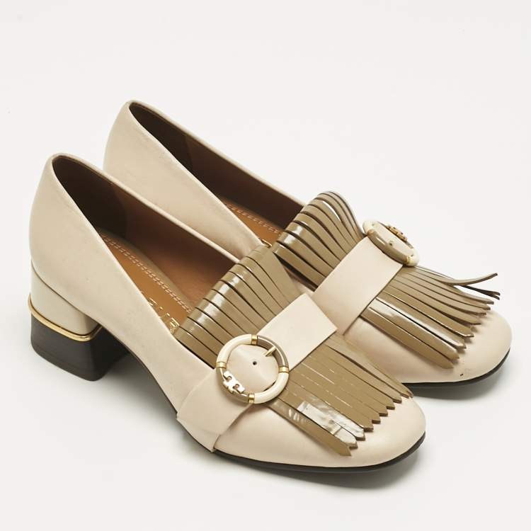 Pre Owned Tory Burch Cream Leather Kiltie Loafer Pumps Size 37