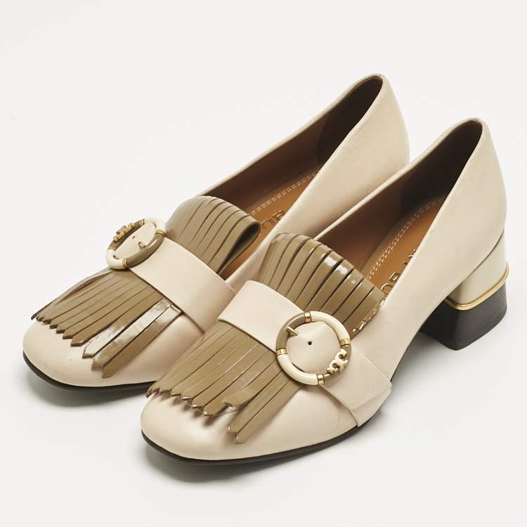 Pre Owned Tory Burch Cream Leather Kiltie Loafer Pumps Size 37