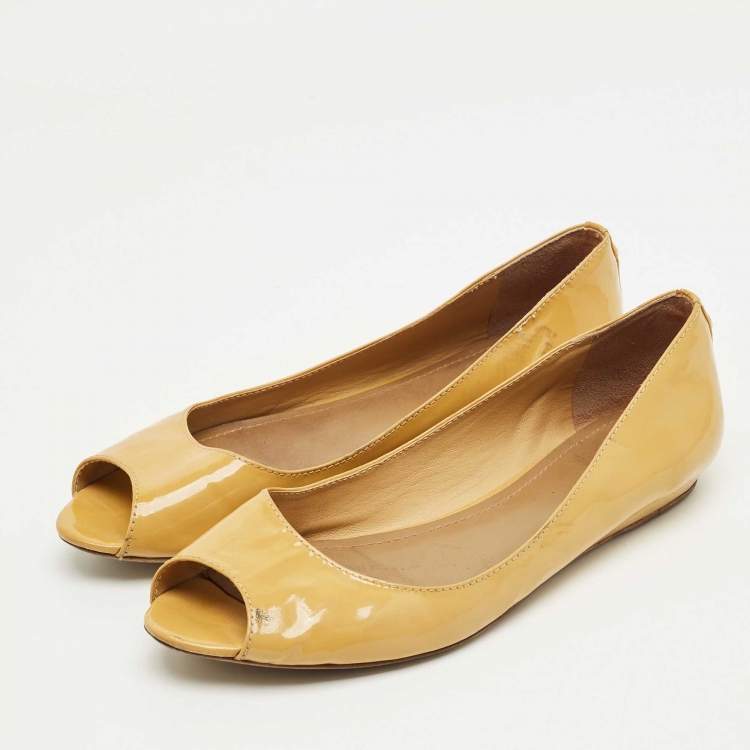 Pre Owned Tory Burch Beige Patent Leather Peep Toe Ballet Flats Size 38.5