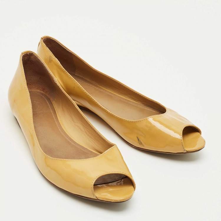 Pre Owned Tory Burch Beige Patent Leather Peep Toe Ballet Flats Size 38.5