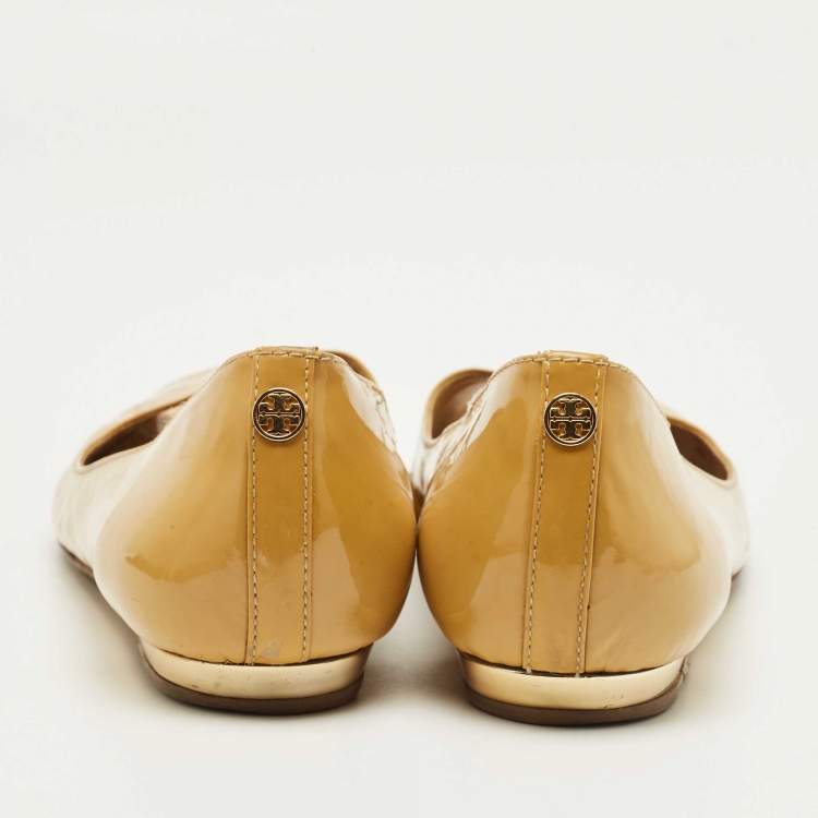Pre Owned Tory Burch Beige Patent Leather Peep Toe Ballet Flats Size 38.5