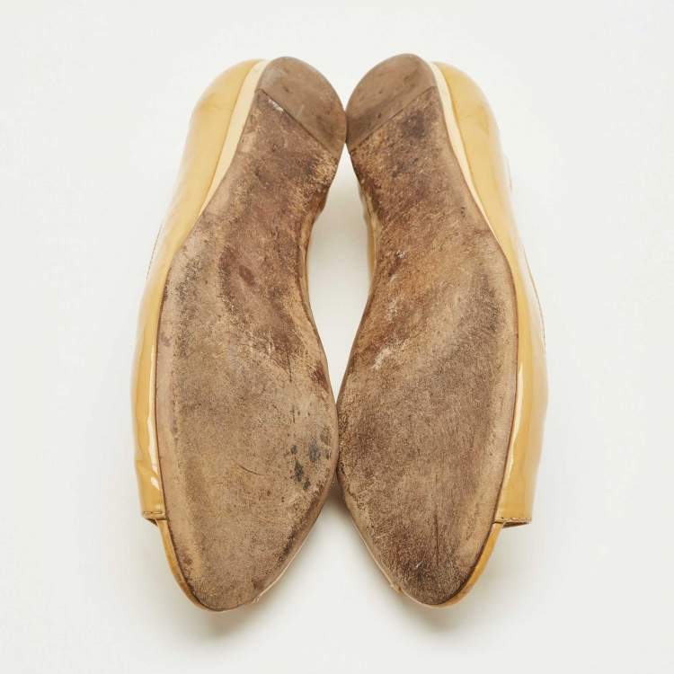 Pre Owned Tory Burch Beige Patent Leather Peep Toe Ballet Flats Size 38.5