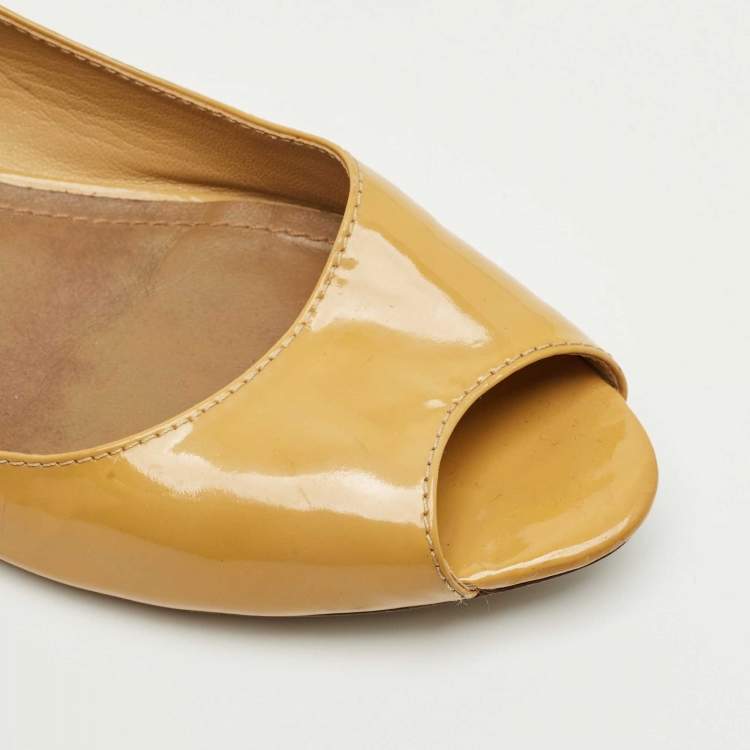Pre Owned Tory Burch Beige Patent Leather Peep Toe Ballet Flats Size 38.5