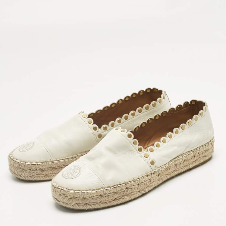 Pre Owned Tory Burch Cream Leather Embroidered Logo Espadrille Flats Size 38.5
