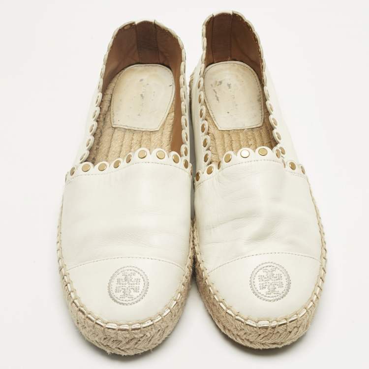 Pre Owned Tory Burch Cream Leather Embroidered Logo Espadrille Flats Size 38.5