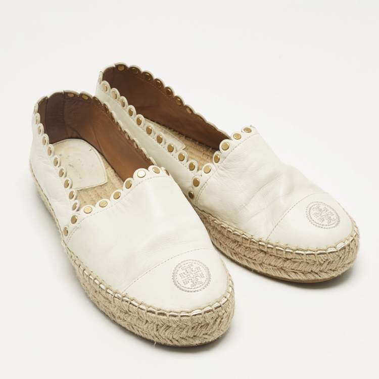 Pre Owned Tory Burch Cream Leather Embroidered Logo Espadrille Flats Size 38.5