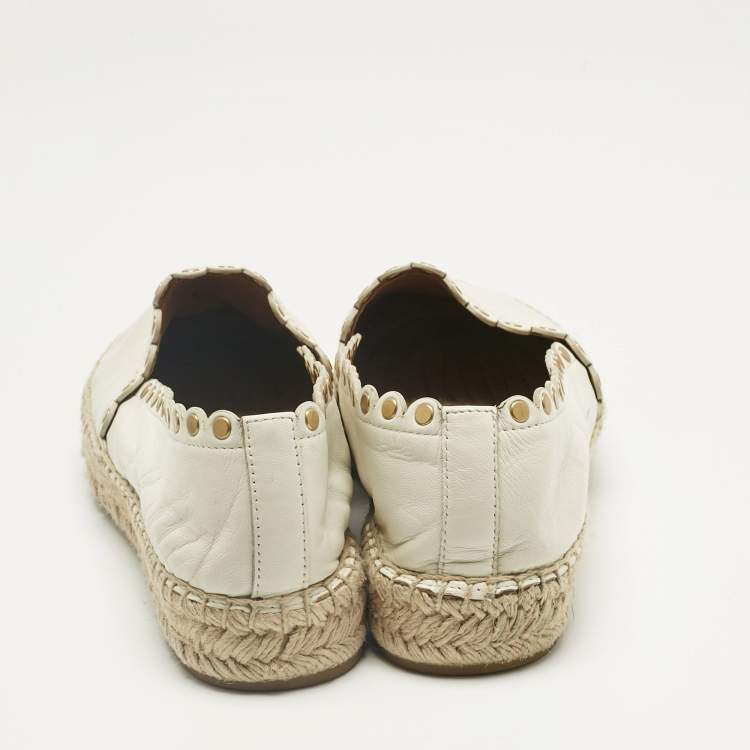 Pre Owned Tory Burch Cream Leather Embroidered Logo Espadrille Flats Size 38.5