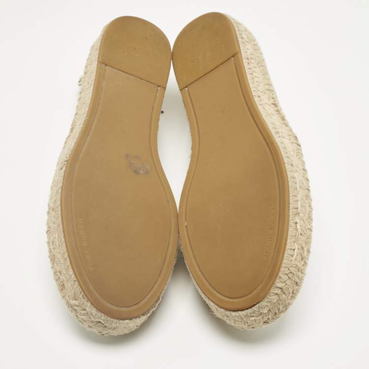 Pre Owned Tory Burch Cream Leather Embroidered Logo Espadrille Flats Size 38.5