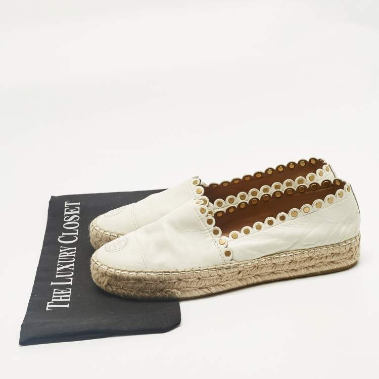 Pre Owned Tory Burch Cream Leather Embroidered Logo Espadrille Flats Size 38.5