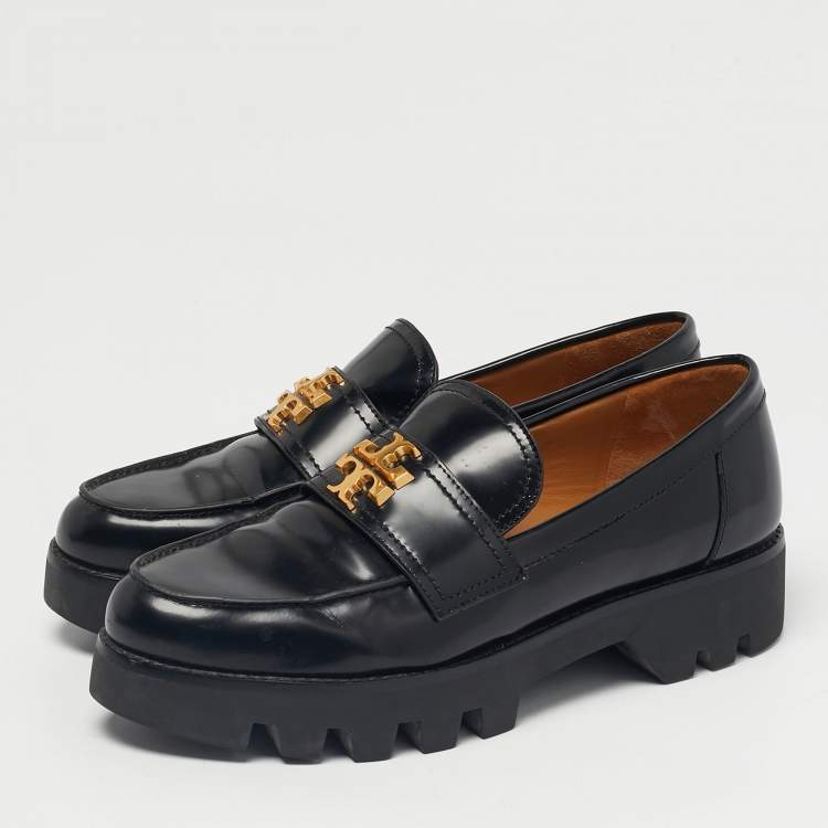 Pre Owned Tory Burch Black Leather Everly chunky Loafers Size 39.5