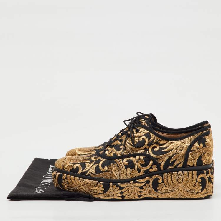Pre Owned Tory Burch Black/Gold Brocade Fabric Arden Platform Oxfords Size 38.5