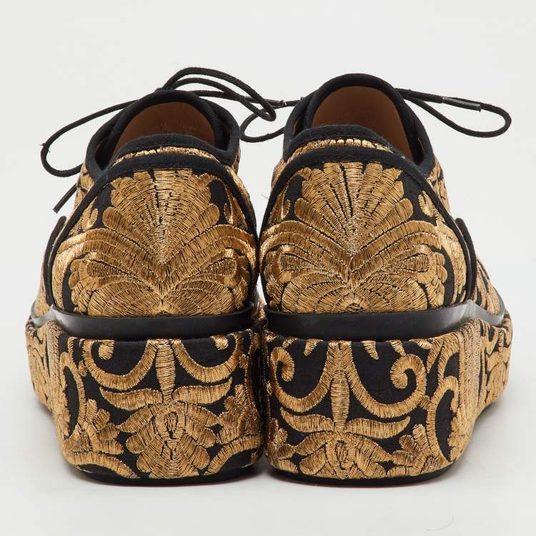Pre Owned Tory Burch Black/Gold Brocade Fabric Arden Platform Oxfords Size 38.5