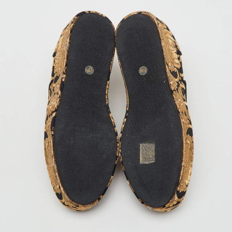 Pre Owned Tory Burch Black/Gold Brocade Fabric Arden Platform Oxfords Size 38.5